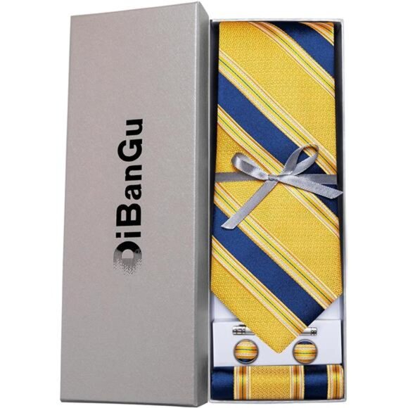 Men's Stripe Tie Silk Woven Necktie Pocket Square Cufflink Set Formal Business - Picture 4 of 7